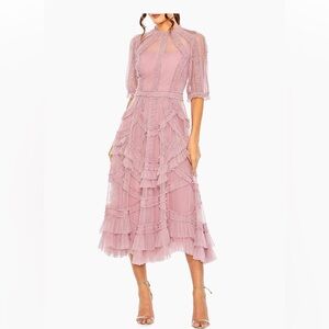 Mac Duggal Short-Sleeve Mock-Neck Ruffled Midi Dress | Size 6